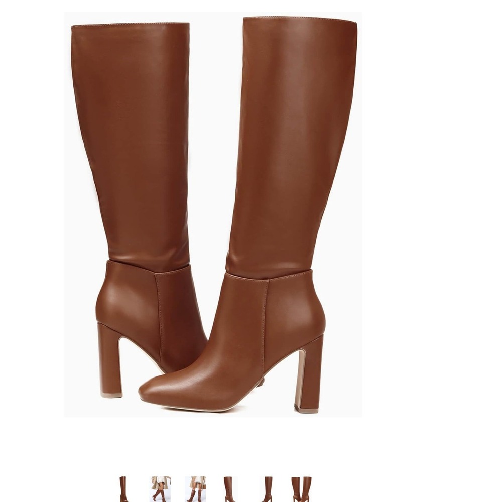 Coutgo Cognac Brown Square Toe Knee High Block Heel Boot Faux Leather New in Box